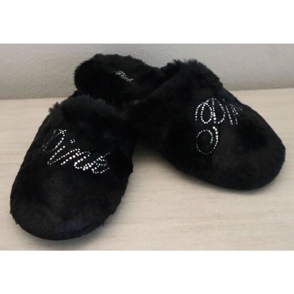 Victoria's Secret PINK Women Sz 5-6 (S) Black Bling Faux Fur Closed-Toe Slippers - Picture 1 of 8